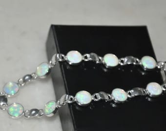Pulseira de opala branca em prata esterlina, pulseira de tênis de opala, pedra do nascimento de outubro, opala de 6 mm, joias de opala, joias de noiva feitas à mão, presente exclusivo