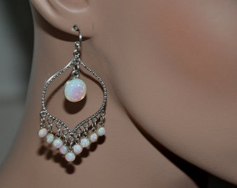 White Opal Earrings Sterling Silver, Wedding Earrings Chandelier, Bridal Bohemian Opal Jewelry, Gift for Bride, Girlfriend