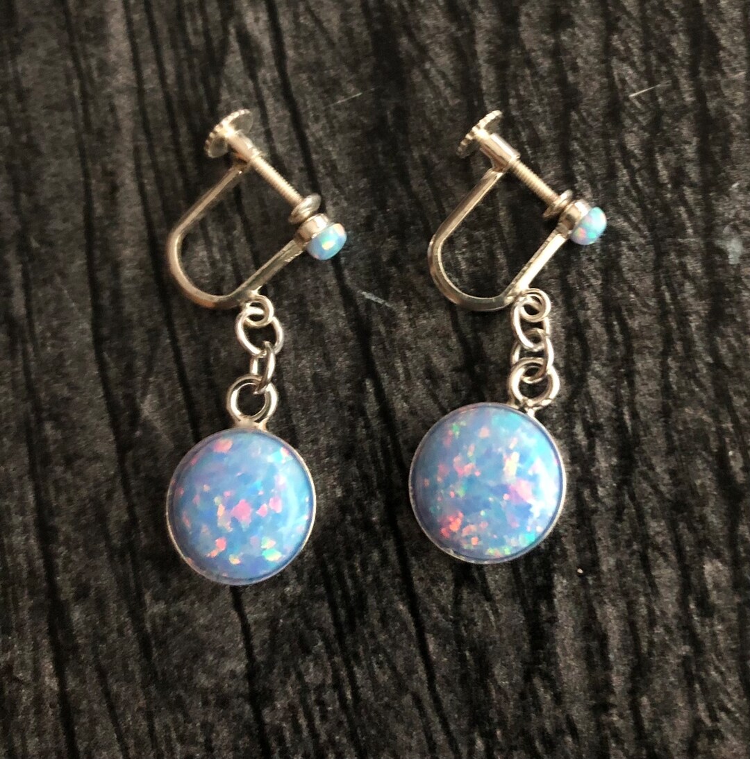 Clip on Screw Back Opal Earrings Sterling Silver, Cornflower Blue Opal Non Pierced Dangles