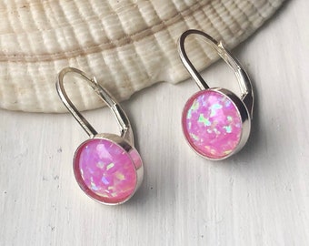 Opal Earrings, Sterling Silver Lever back Earrings, 8mm Opal, Pink Opal Earrings, October Birthstone, Opal Jewelry, Birthday Gift for Wife