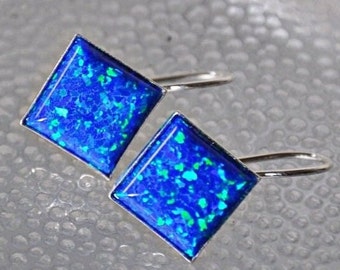 Blue Opal Earrings Sterling Silver,  Leverback Earrings with Square Stones 10mm, Opal Jewelry, October Birthstone, Birthday Gift for Wife