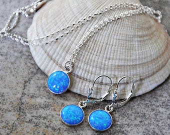 Blue Opal Necklace Earrings Jewelry Set, Coin Opal Necklace, Blue Opal Earrings Dangle, Opal Jewelry