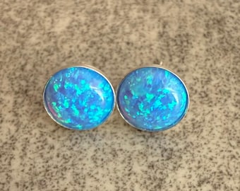 Blue Opal Earrings, Opal Studs Sterling Silver, Bridal Bohemian Opal Jewelry, October Birthstone, Gift for Daughter, Wife, Boyfriend