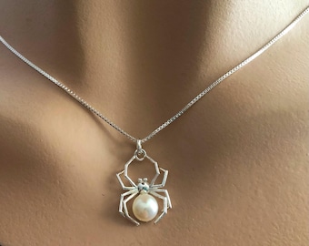 Spider Necklace with Freshwater Pearl Sterling Silver, White Pearl Pendant, Minimalist Jewelry, Gothic Jewelry, Animal Lover Gift