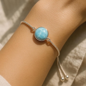 Larimar Bracelet Sterling Silver, Blue Gemstone Adjustable Dainty Bracelet for Women, Larimar Jewelry,  Birthday Gift,  Bohemian Jewelry