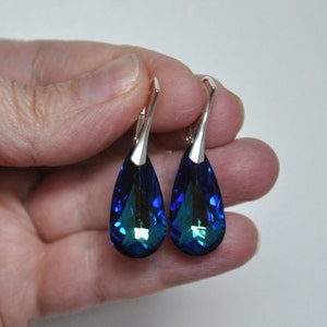 Blue Crystal Lever Back Earrings, Large Teardrop Earrings Sterling Silver, Handmade Bridal Jewelry, Maid of Honor Gift, Gift for Wife, BFF image 4