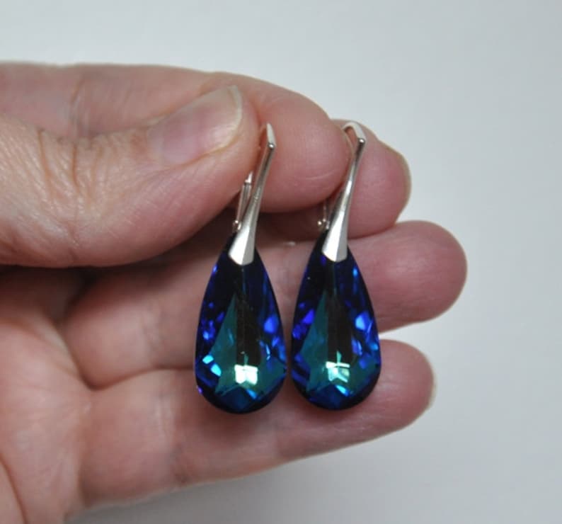 Blue Crystal Lever Back Earrings, Large Teardrop Earrings Sterling Silver, Handmade Bridal Jewelry, Maid of Honor Gift, Gift for Wife, BFF image 4