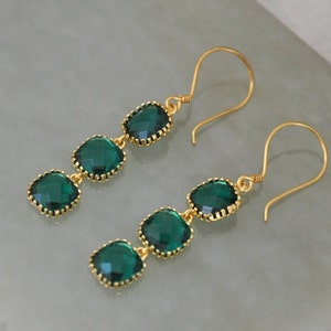 Emerald Green Earrings Gold, Dangle Waterfall Earrings, Bridal Bohemian Jewelry, Birthday Gift for Wife, Girlfriend