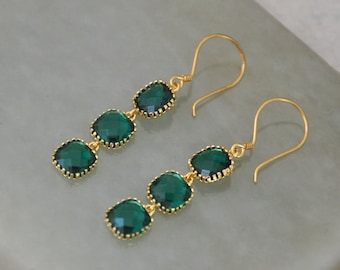 Emerald Green Earrings Gold, Dangle Waterfall Earrings, Bridal Bohemian Jewelry, Birthday Gift for Wife, Girlfriend