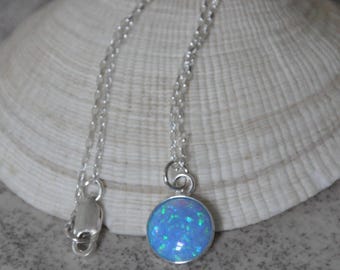 Blue Opal Sterling Silver Necklace, Coin Pendant, October Birthstone