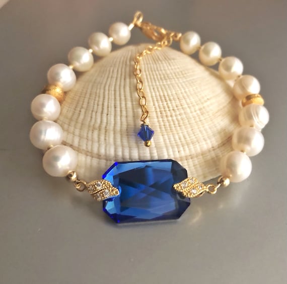 Real Freshwater Pearl and Crystal Bracelet Gold, Sapphire Blue