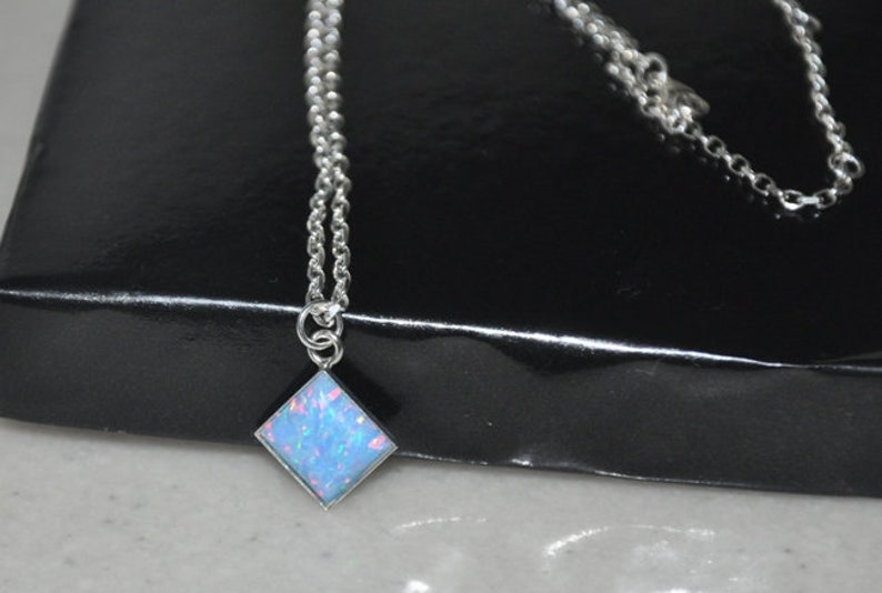 Geometric Necklace Square Stone Pendant Necklace Sterling Silver Bohemian Bridal Opal Jewelry Blue Opal Necklace