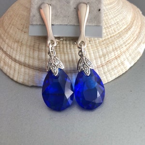Pendientes de clip de cristal azul en plata de ley, pendientes sin perforar, regalo para hija, esposa, joyería bohemia hecha a mano