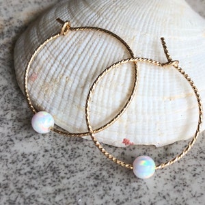 Opal Earrings, Opal Hoop Earrings, Gold Hoop Earrings 7/8”, Minimalistic Jewelry, Opal Jewelry, October Birthstone