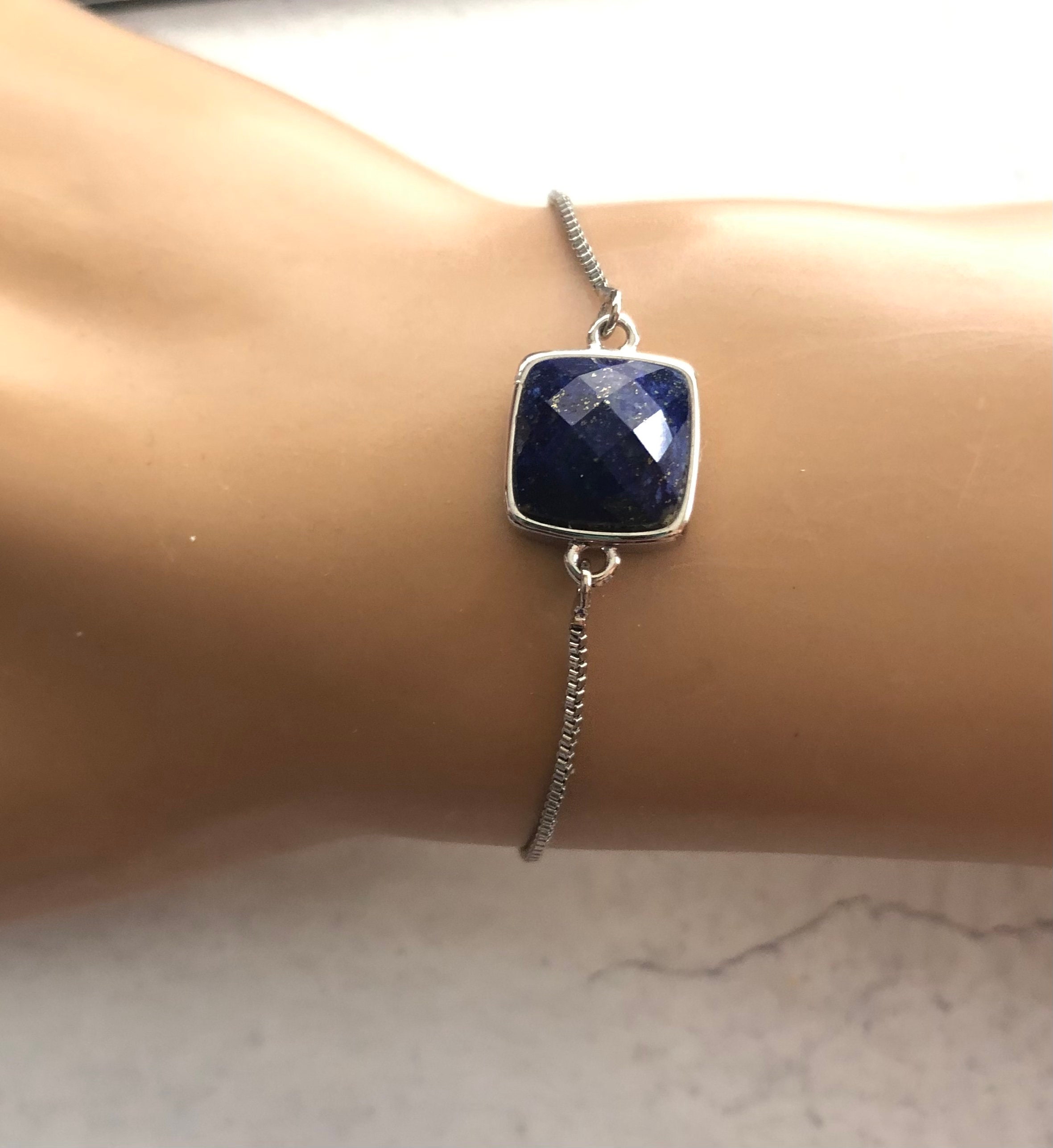 Lapis Lazuli Bracelet for Women in Silver, Blue Stone Adjustable Bracelet, Bolo Bracelet for Women, Chain Bracelet, September Birthstone