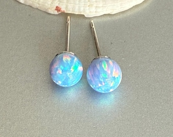 Cornflower Blue Opal Earrings Sterling Silver, 6 mm Ball Opal Stud Earrings, Opal Jewelry, October Birthstone, Birthday Gift for Daughter