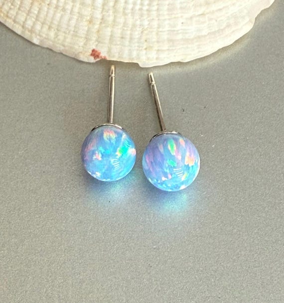 Cornflower Blue Opal Earrings Sterling Silver, 6 mm Ball Opal Stud Earrings, Opal Jewelry, October Birthstone, Birthday Gift for Daughter