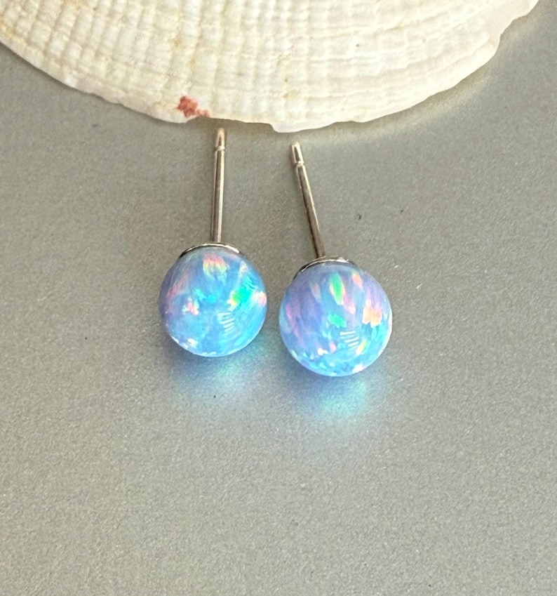 Cornflower Blue Opal Earrings Sterling Silver, 6 mm Ball Opal Stud Earrings, Opal Jewelry, October Birthstone, Birthday Gift for Daughter image 1