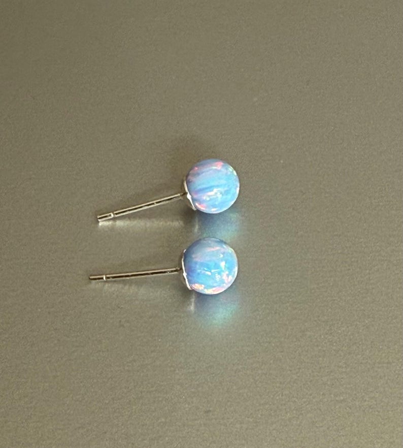 Cornflower Blue Opal Earrings Sterling Silver, 6 mm Ball Opal Stud Earrings, Opal Jewelry, October Birthstone, Birthday Gift for Daughter image 4