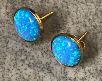 10mm Blue Opal Earrings Gold, Opal Studs, Opal Jewelry, October Birthstone, Birthday Gift for Wife, Girlfriend, BFF, Large Stud Earrings