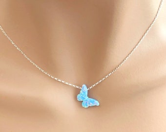 Opal Butterfly Necklace Sterling Silver, Butterfly Pendant, Blue Opal Necklace Dainty, Opal Jewelry, October Birthstone. Gift for Daughter