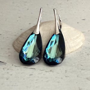 Blue Crystal Earrings, Large Teardrop Earrings Lever Back Sterling Silver, Handmade Bridal Jewelry, Maid of Honor Gift, Gift for Wife, BFF