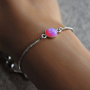 Pink Opal Bracelet Adjustable, Gemstone Bolo Bracelet Silver, Opal Bracelet for Women, October Birthstone, Gift for Wife, Girlfriend, BFF
