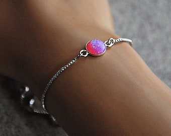 Pink Opal Bracelet Adjustable, Gemstone Bolo Bracelet Silver, Opal Bracelet for Women, October Birthstone, Gift for Wife, Girlfriend, BFF
