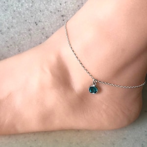 Solid Silver Anklet, Swarovski Crystal Anklet, Layering Ankle Bracelet, Adjustable Silver Chain Anklet, Beach Wedding Gift