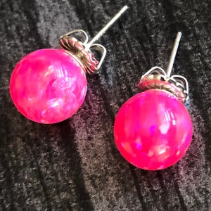 Hot Pink Opal Earrings Sterling Silver, Opal Ball Earrings, Large Stud Earrings for Women, Opal Jewelry, 10mm Opal, Gift for Wife, Daughter
