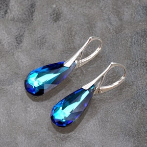 Blue Crystal Lever Back Earrings, Large Teardrop Earrings Sterling Silver, Handmade Bridal Jewelry, Maid of Honor Gift, Gift for Wife, BFF image 1