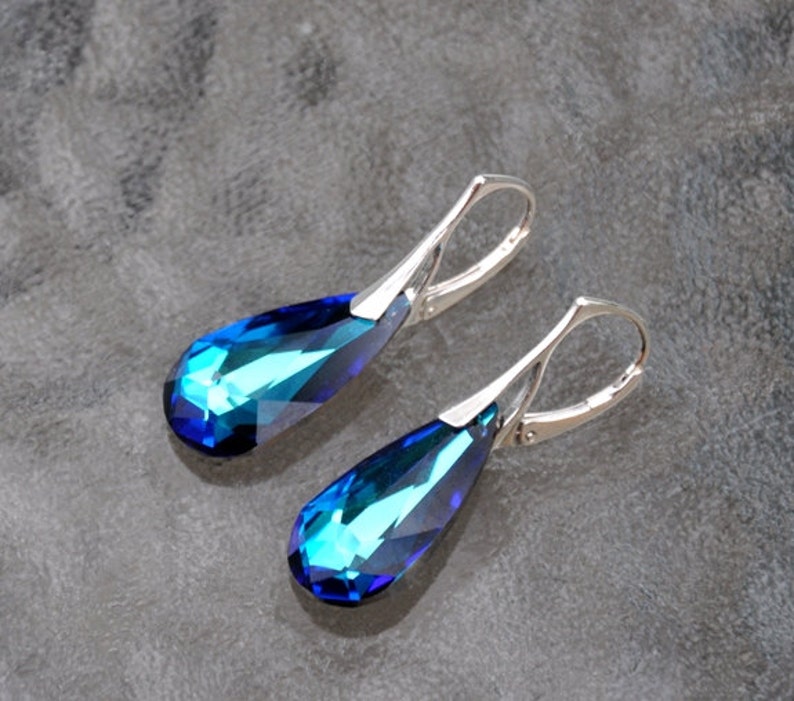 Blue Crystal Lever Back Earrings, Large Teardrop Earrings Sterling Silver, Handmade Bridal Jewelry, Maid of Honor Gift, Gift for Wife, BFF image 1