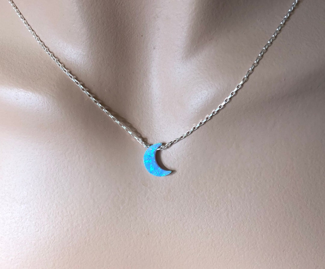 Blue Opal Moon Necklace Sterling Silver, Moon Phase Necklace, Opal ...