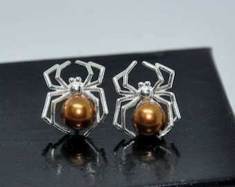 Spider Earrings, Sterling Silver Crystal Pearl Stud Earrings, Minimalist Jewelry, Animal Lover Gift, Halloween Jewelry, Spider Jewelry