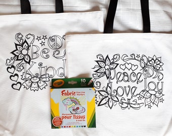 Reusable Shopping Bag, With Markers, Peace Love Joy, Be Kind, Coloring, Eco Friendly, Cotton Tote Bag, Birthday Gift, Teacher, Christmas