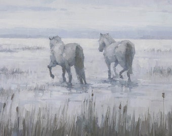 White Horses Original Painting, Large Panoramic Landscape Art (Sent on rolled canvas)