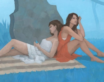 Original Painting, Two Woman In Blue Lansdcape, Acrylic On Canvas Fine Art