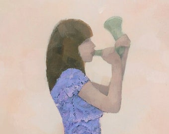 Female Figure Mixed Media Original Painting, Girl Playing Horn