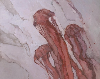 Red Jellyfish Original Painting, Abstract Underwater Fluid Art, Tall Narrow Framed Artwork
