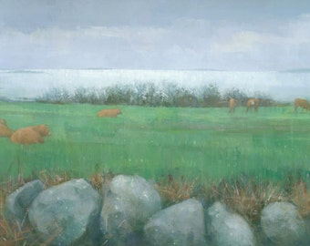 Scilly Isles Landscape Original Painting, Tresco Cows In Green Field