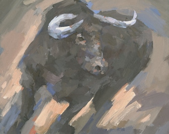 Original Bull Painting, Small Framed Acrylic on Canvas