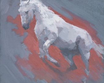 Original White Horse Painting, Small Framed Acrylic on Canvas