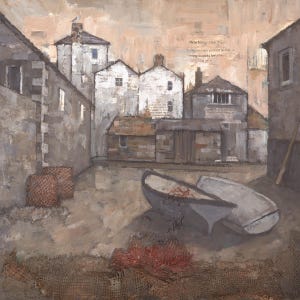 May include: An oil painting depicts a coastal scene with buildings, boats, and fishing gear. The buildings are primarily white and gray, with text visible on some surfaces. Two small boats rest on the shore, and fishing nets are in the foreground.