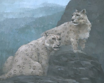 Snow Leopards, Original Painting, Acrylic On Canvas Wildlife Fine Art