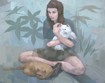 Original Woman With Cats Painting, Acrylic on Canvas Figurative Art
