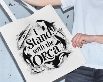 Orca Conservation Tote Bag - I Stand with the Orca, Playful Orca Bag Eco-Friendly Whale Lover's Tote  farmers market tote bag aesthetic