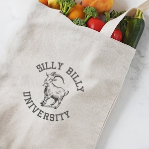 Sac fourre-tout Silly Billy University Farmers Market - Sac à provisions réutilisable amusant, joli fourre-tout écologique pour les sorties au marché Silly Goose University
