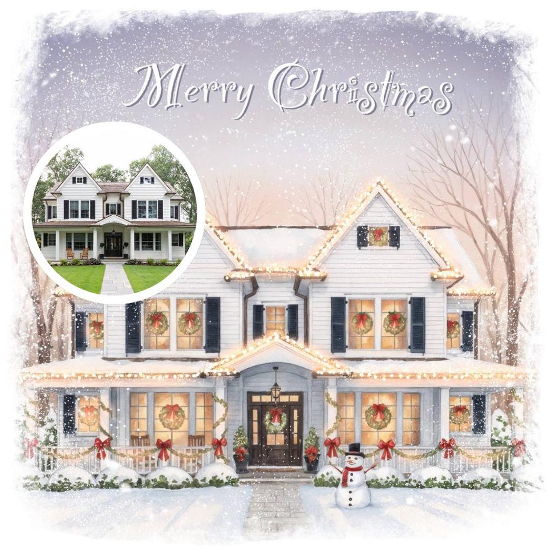 Custom House Portrait Christmas Gift | Watercolor Home Illustration ...
