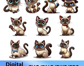 Siamese Cats, digital clipart, svg, png, dxf, eps files (Set 10 pcs.)