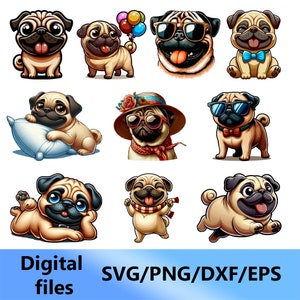 Pug, digital clipart, svg, png, dxf, eps files (Set 10 pcs.)